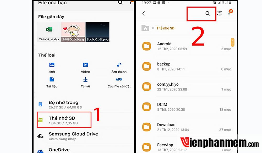 Chọn Thẻ nhớ SD và nhấn vào icon kính lúp để tìm kiếm