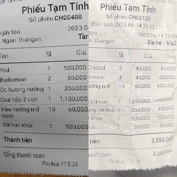 Bill thanh toán của 2 nam thanh niên được "bạn gái" rủ đi ăn trên phố Tạ Hiện.