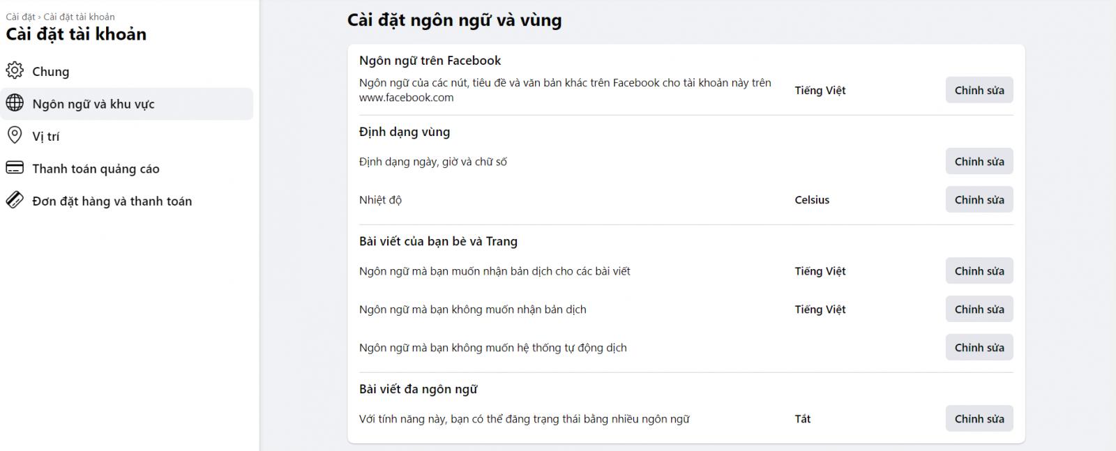 Hướng dẫn khóa bảo vệ trang cá nhân trên Facebook bằng cách đổi ngôn ngữ trong mục Ngôn ngữ và khu vực.