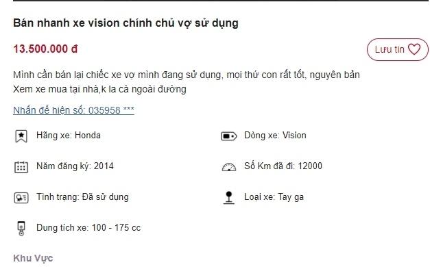 Xe máy Honda Vision 2014 giá chỉ còn hơn 13 triệu đồng