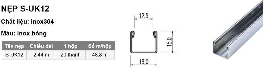 Quy cách nẹp inox chữ U S-UK12 inox bóng