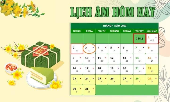 Lịch âm 3/1 - Tra cứu lịch âm hôm nay thứ Ba ngày 3/1/2023 - 1