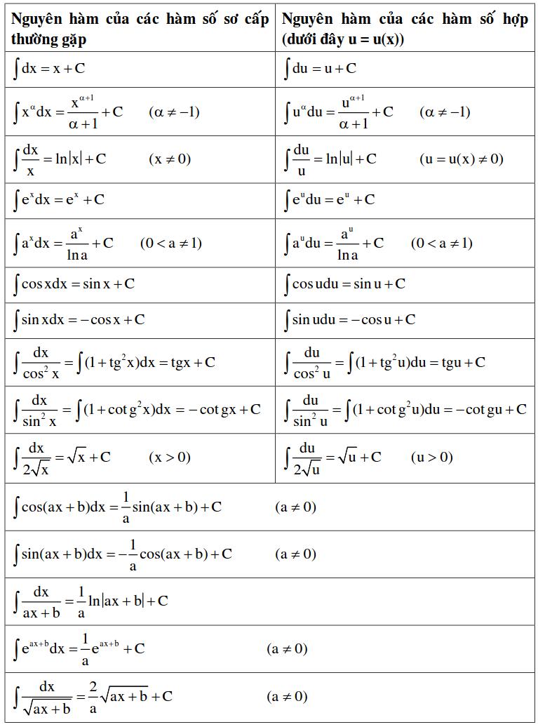Bảng Nguyên Hàm Và Công Thức Nguyên Hàm Đầy Đủ Nhất & Bài Tập