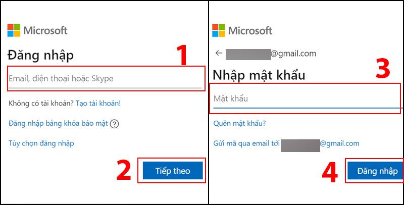 Đăng nhập vào tài khoản Outlook > Nhập Email, điện thoại hoặc Skype > Chọn Tiếp theo > Nhập mật khẩu của bạn > Chọn Đăng nhập.