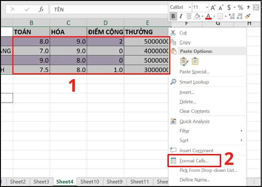 cách ẩn số 0 trong excel