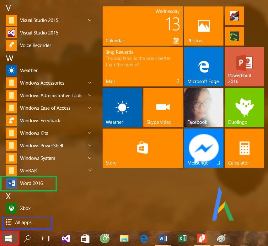 Mở Word từ Start Menu