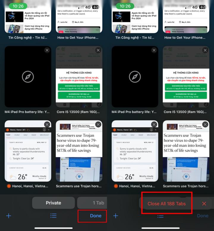 Cách tắt nhanh tất cả các tab trên trình duyệt iPhone