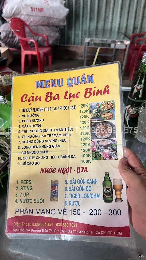 Menu quán Cậu Ba Lục Bình