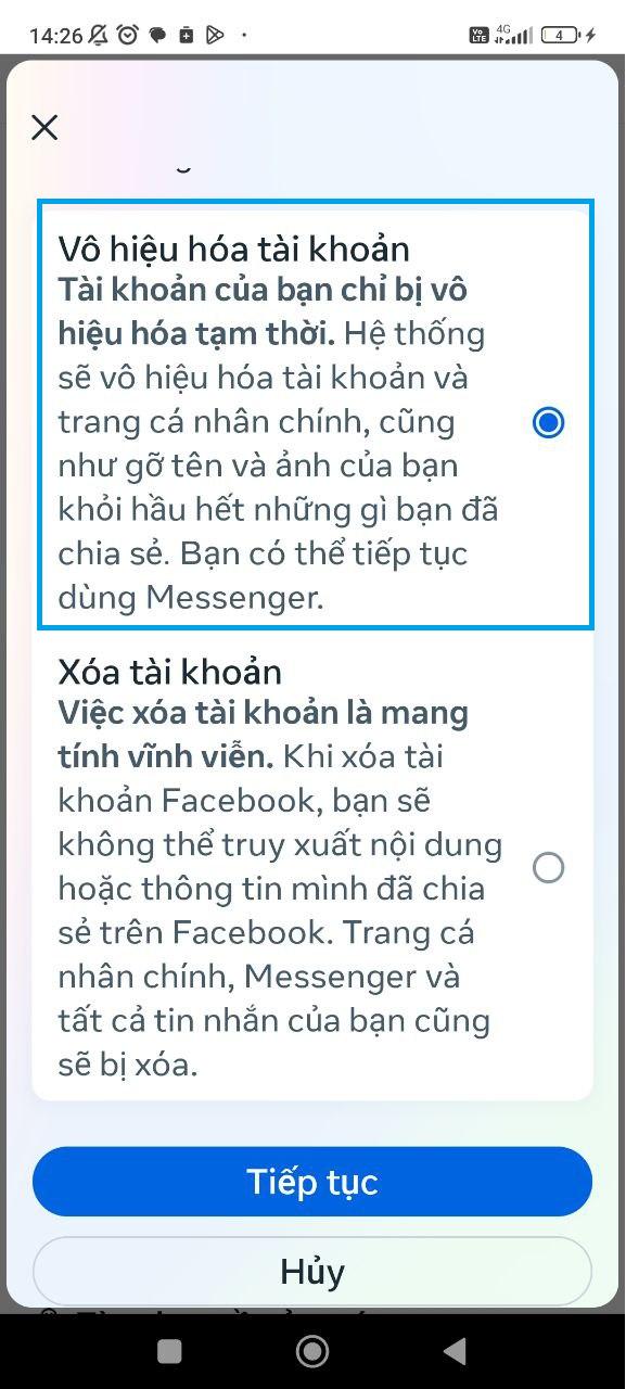 Lựa chọn tài khoản Facebook bạn muốn xóa tạm thời hoặc vĩnh viễn