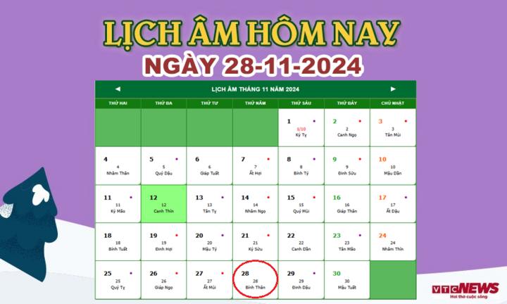 Xem lịch âm hôm nay ngày 28/11/2024.