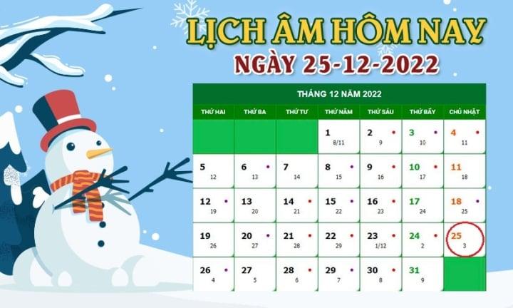 Lịch âm 25/12 - Tra cứu lịch âm hôm nay Chủ nhật ngày 25/12/2022 - 1