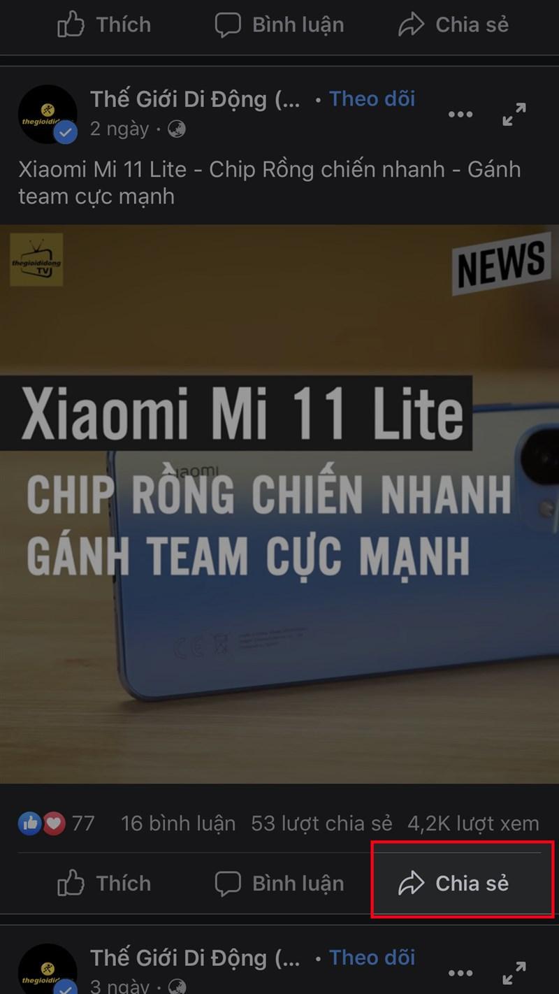 Mở Facebook, chọn video mà bạn muốn chia sẻ từ bài đăng của người khác > Nhấn vào biểu tượng mũi tên ở góc dưới bên phải bài đăng