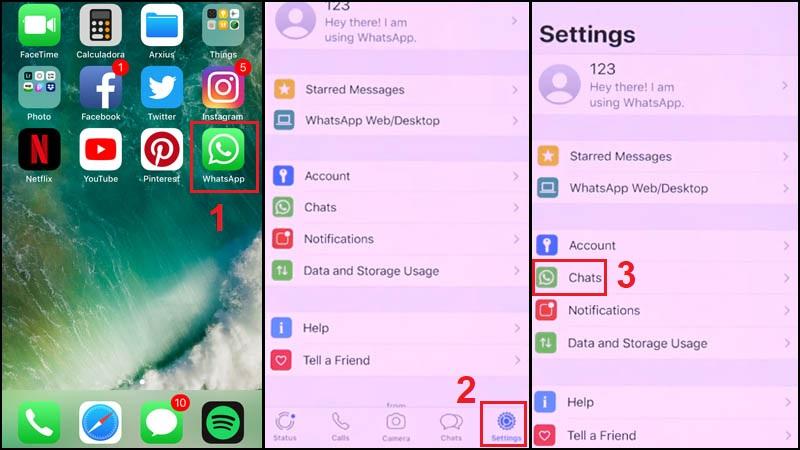Vào biểu tượng WhatsApp để mở > Settings (Cài đặt) > Nhấn vào Chats (Trò chuyện).