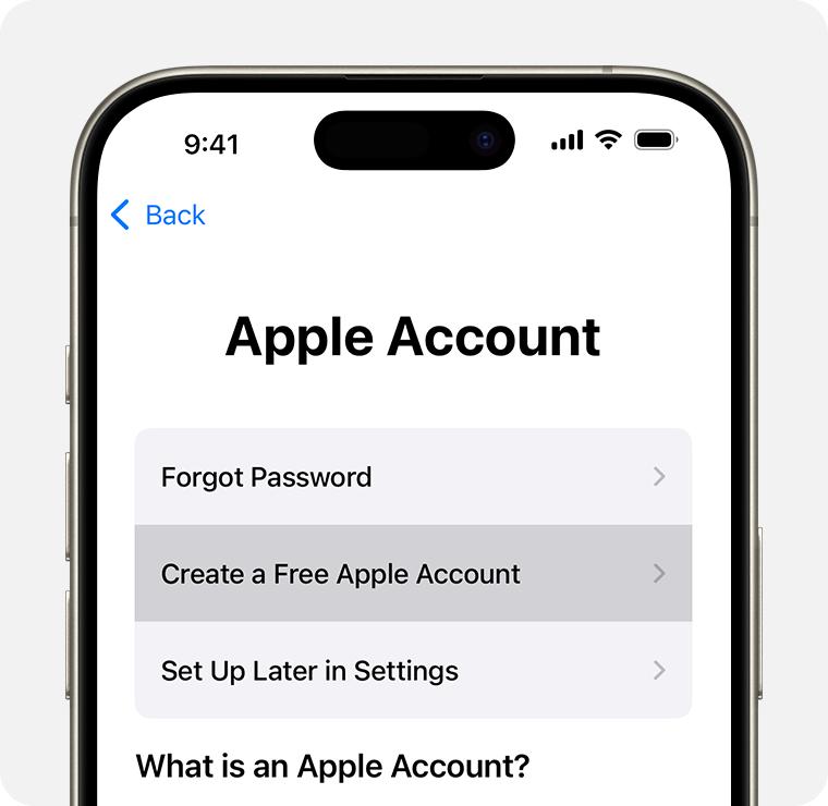iPhone screen showing the option to select Create a Free Apple Account